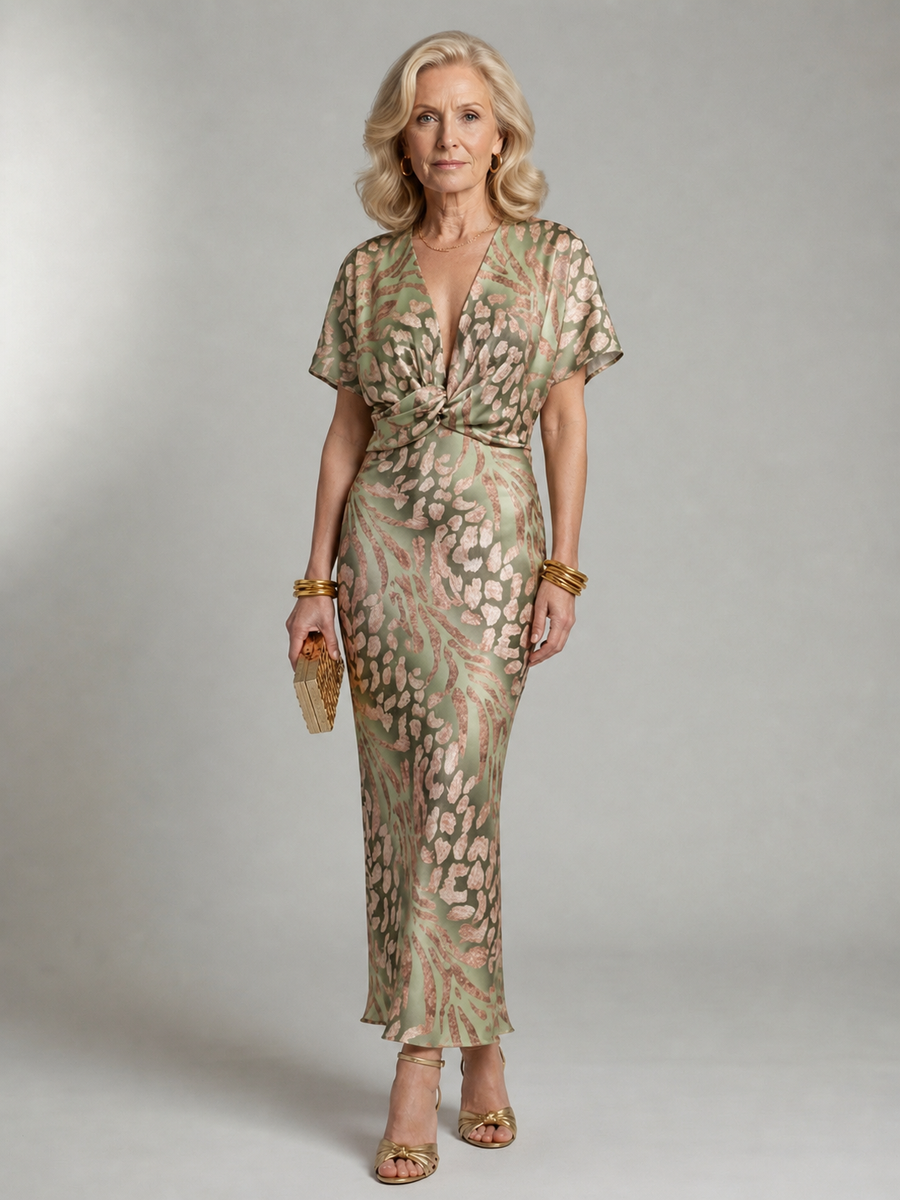 Olivia New York™ | Abstract Print V Neck Twist Waist Midi Dress