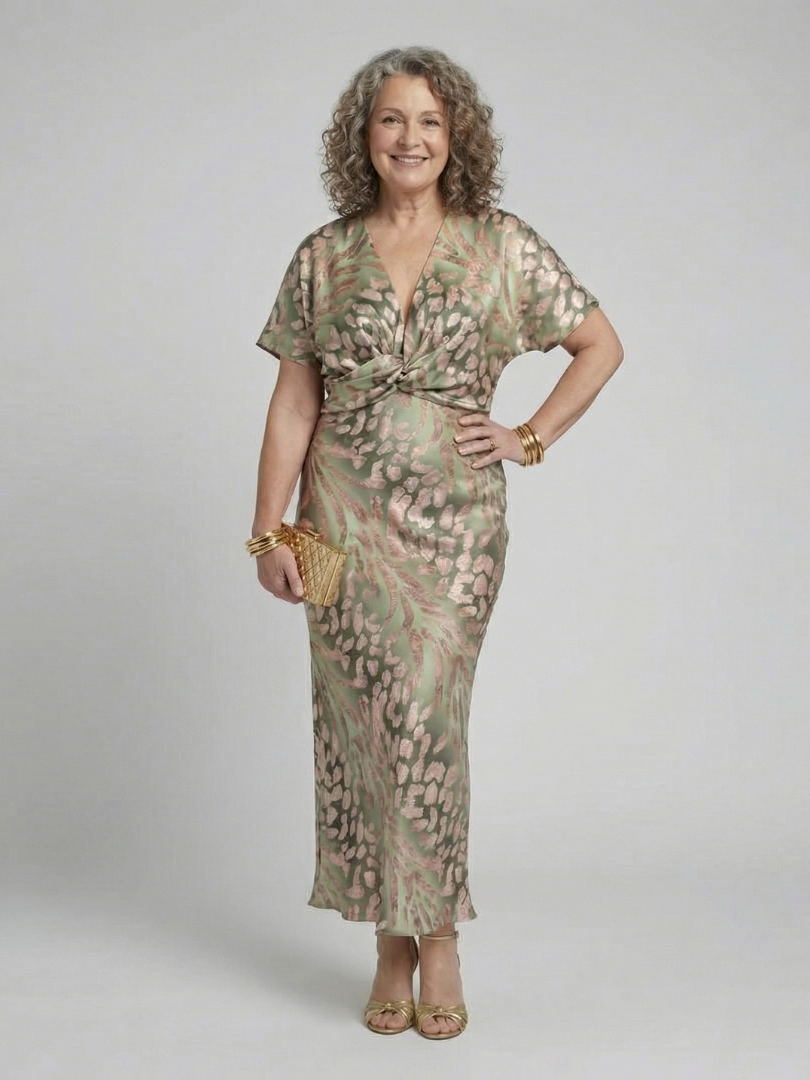 Olivia New York™ | Abstract Print V Neck Twist Waist Midi Dress