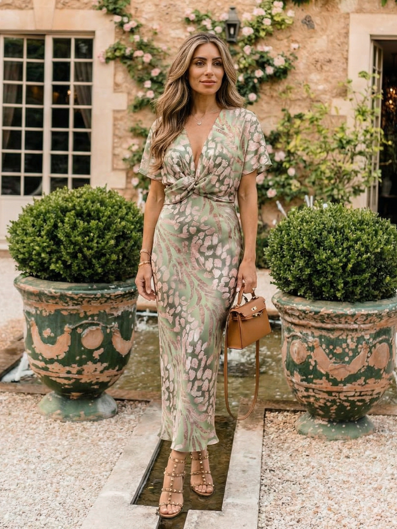 Olivia New York™ | Abstract Print V Neck Twist Waist Midi Dress