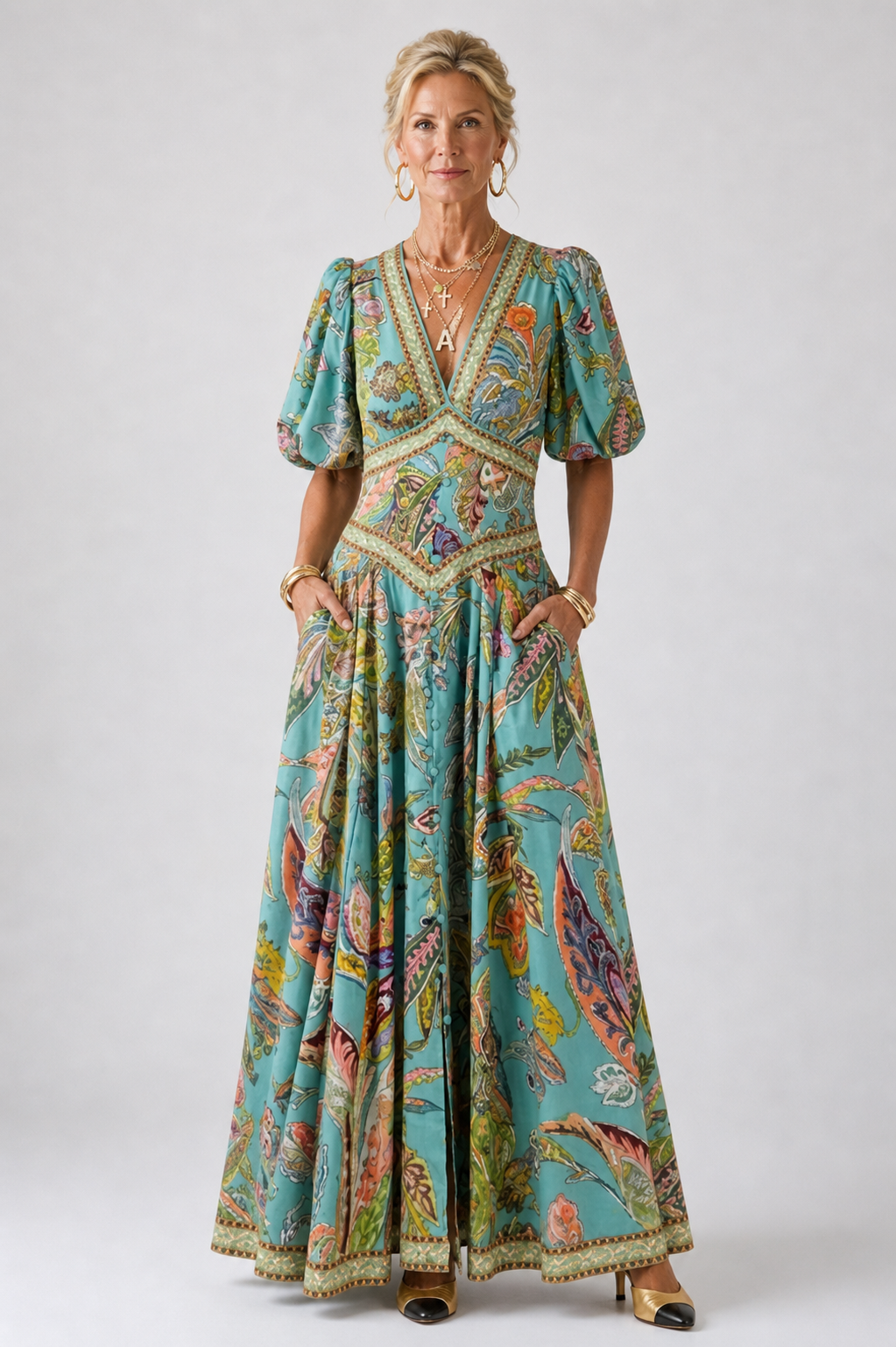Olivia New York™ | Airy maxi dress with puff sleeves and V-neck