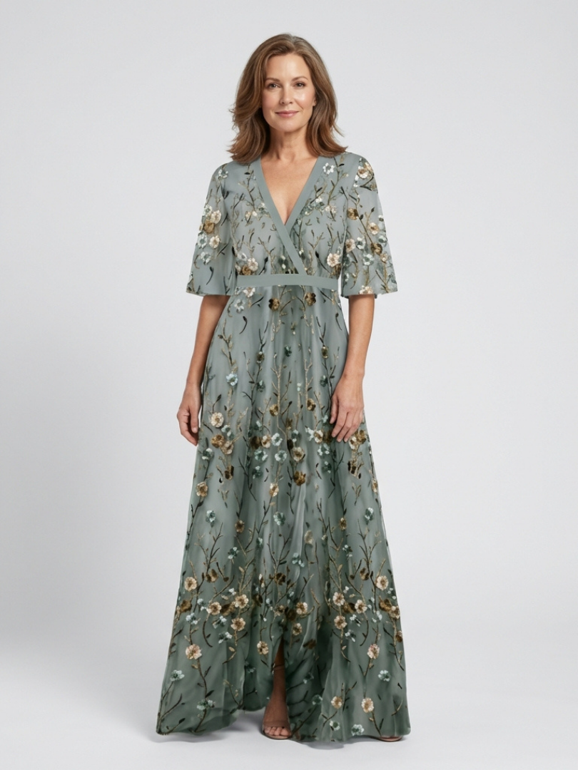 Olivia New York™ | Floral V Neck Short Sleeve Maxi Dress