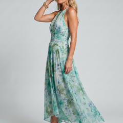 Portia | Pleated Halter Soft Floral Pattern Midi Dress