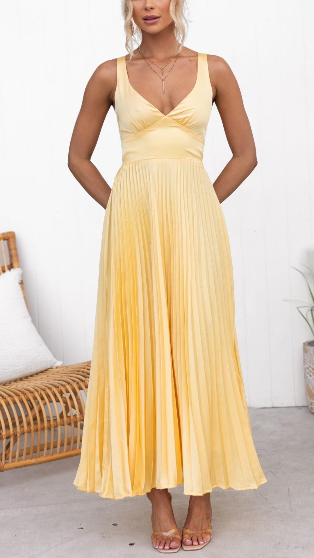 Olivia New York™ | Pleated V-Neck Maxi Dress