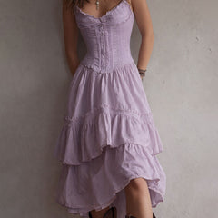 Retro Boho Corset Tiered Midi Dress With Lace-Trim