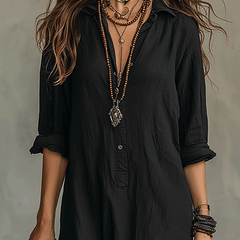 Black Button-Front Bohemian Shirt Maxi Dress