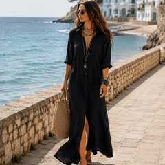 Black Button-Front Bohemian Shirt Maxi Dress