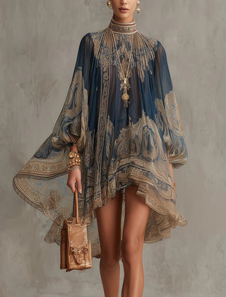 Joyce | Irregular Mini Dress with Navy Blue Baroque Print and High Collar