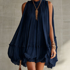 Ann | Navy Blue Chiffon Ruffled Mini Dress with Halter Neck