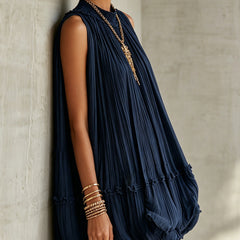 Ann | Navy Blue Chiffon Ruffled Mini Dress with Halter Neck