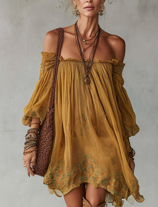 Carol Ann | Yellow Floral Chiffon Mini Dress Off Shoulder