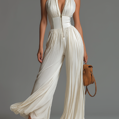 Zsófia Jumpsuit – White Pleated Chiffon • S1