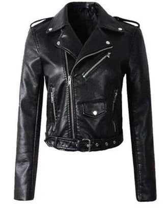 Aria | Women's Cropped Moto Faux Leather Jacket Belted Biker