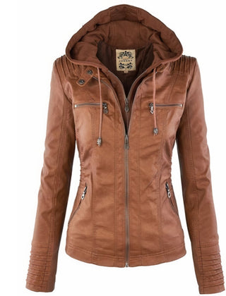 Amelia | Women's Hooded Moto Faux Leather Jacket Removable Hood