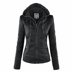 Amelia | Women's Hooded Moto Faux Leather Jacket Removable Hood