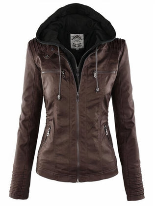 Amelia | Women's Hooded Moto Faux Leather Jacket Removable Hood