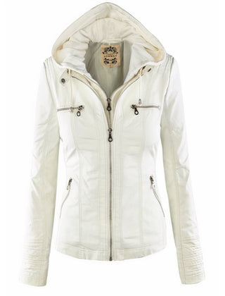 Amelia | Women's Hooded Moto Faux Leather Jacket Removable Hood