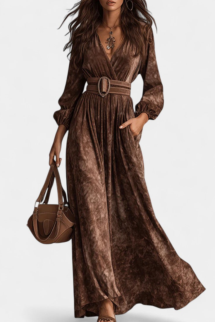 Chocolate Velvet Maxi Dress With V-Neck