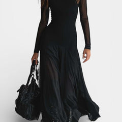 Albéria Long Flowing Black Tulle Patchwork Dress