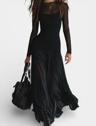 Albéria Long Flowing Black Tulle Patchwork Dress