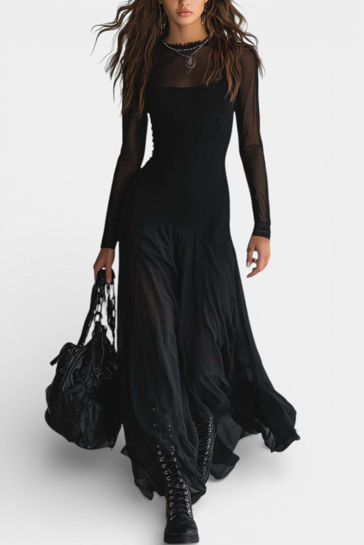 Albéria Long Flowing Black Tulle Patchwork Dress