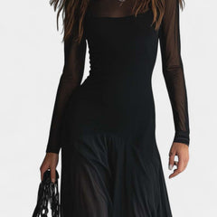 Albéria Long Flowing Black Tulle Patchwork Dress