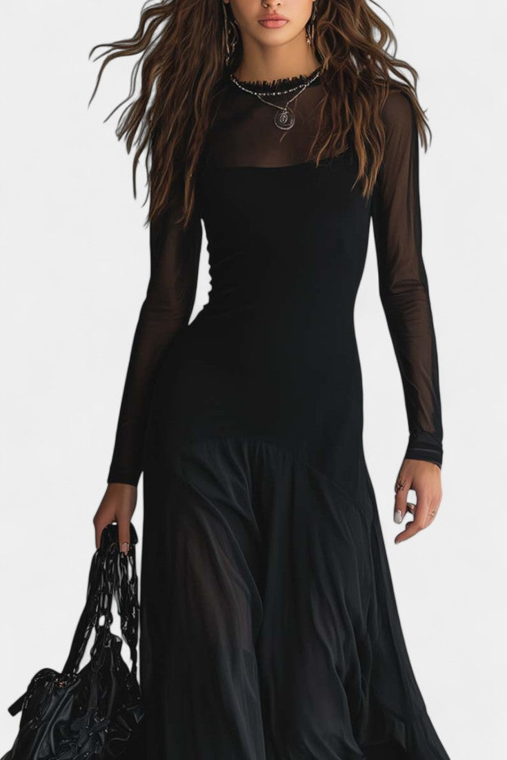 Albéria Long Flowing Black Tulle Patchwork Dress