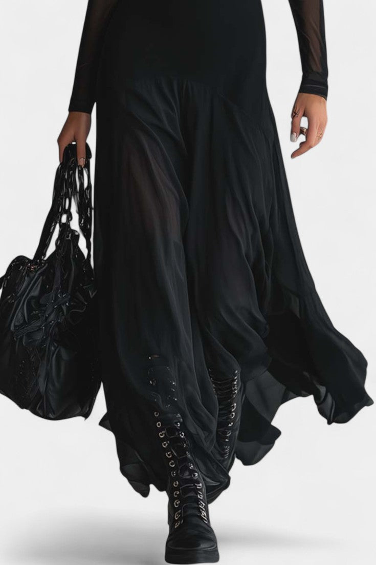 Albéria Long Flowing Black Tulle Patchwork Dress