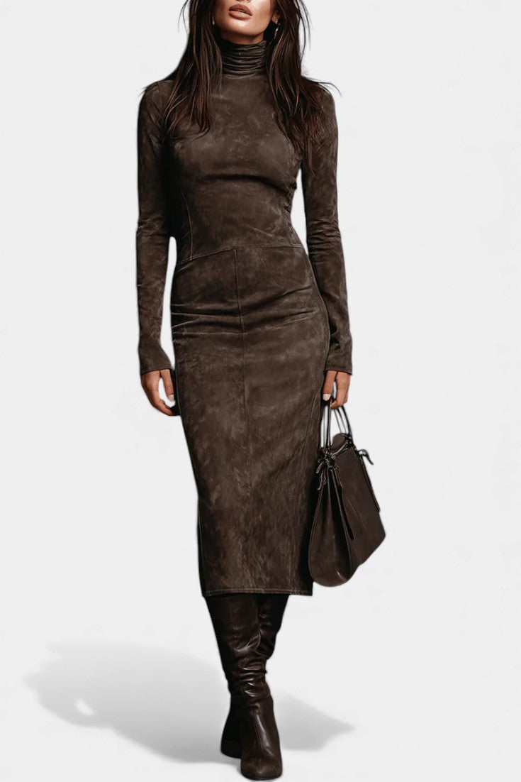 Océane Midi Dress In Suede With High Collar And Long Sleeves