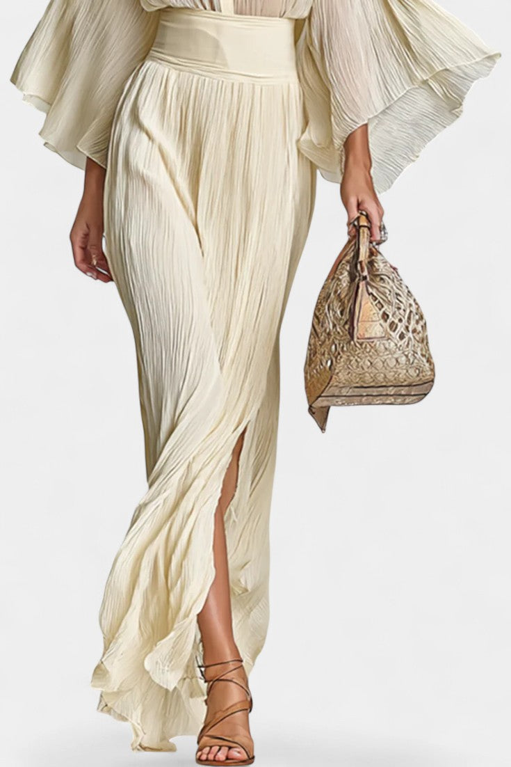 Valentine Two-Piece Ensemble With High Collar, Pleated And Long Split Skirt