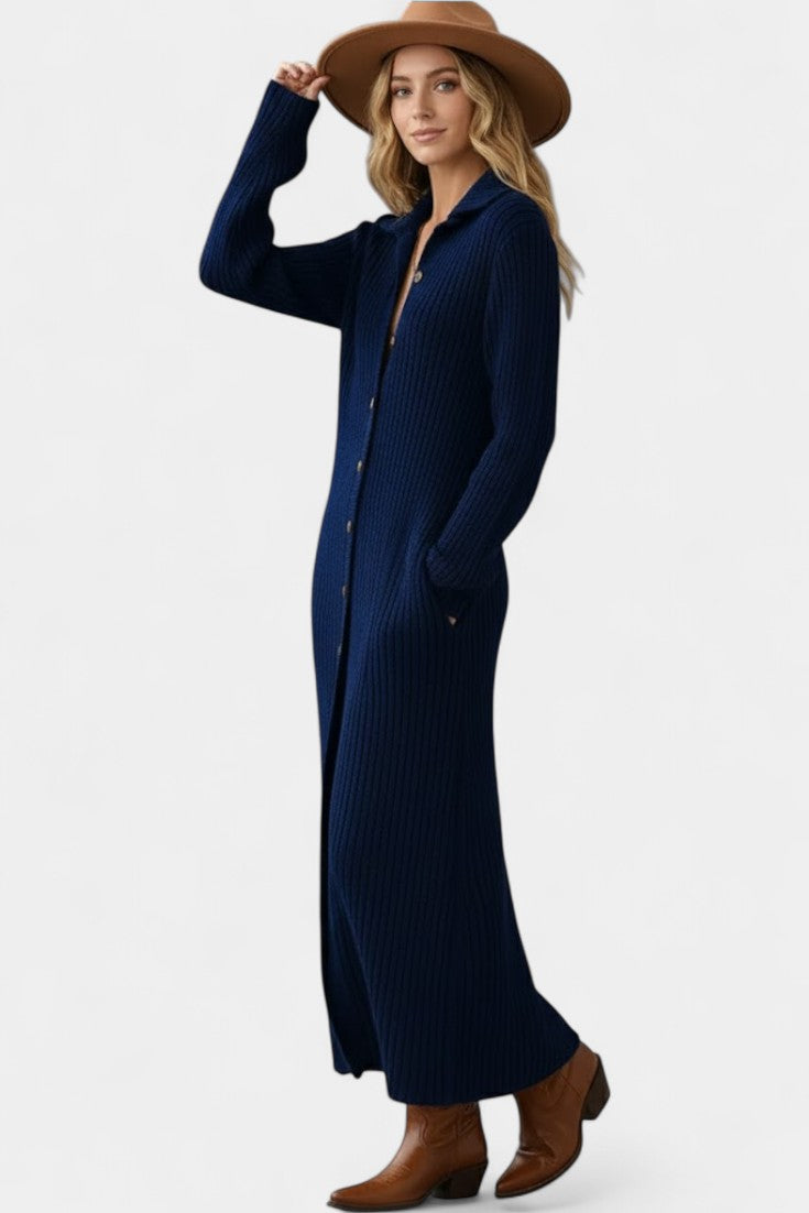 Thea Long Knit Dress With Shirt Collar