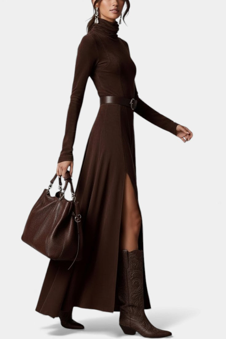 Roselda Maxi Dress With Turtleneck & Elegant Slit