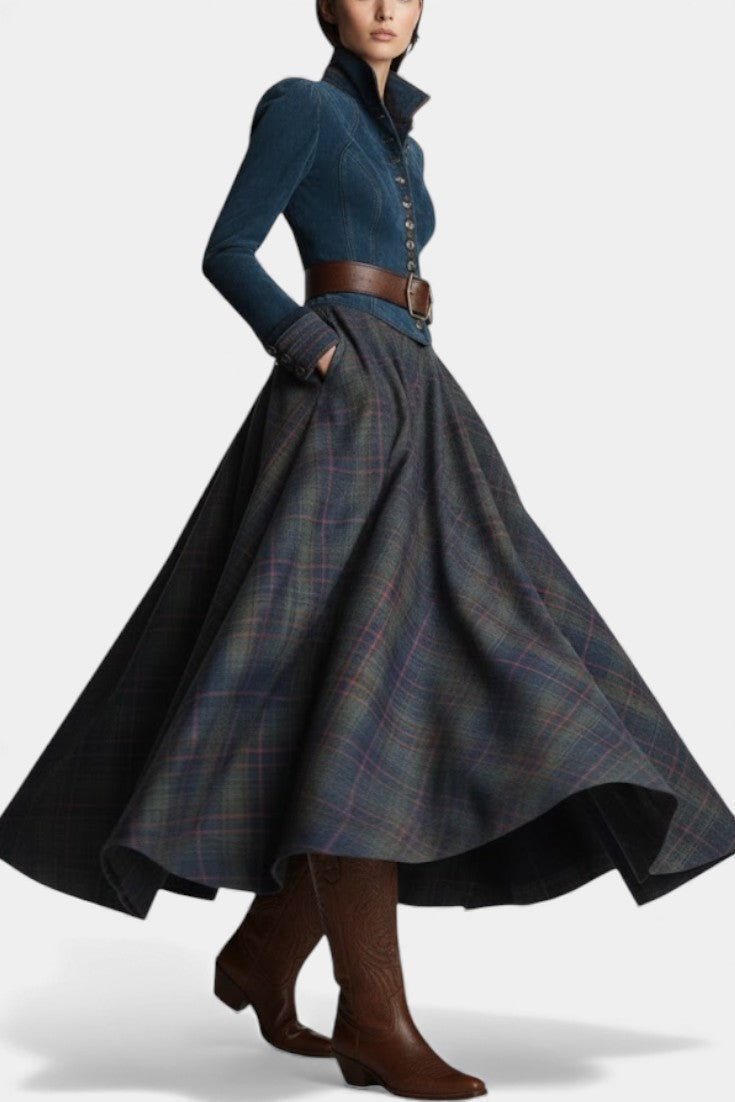 Liza Retro Ethnic Style Maxi Checkered Suede Dress