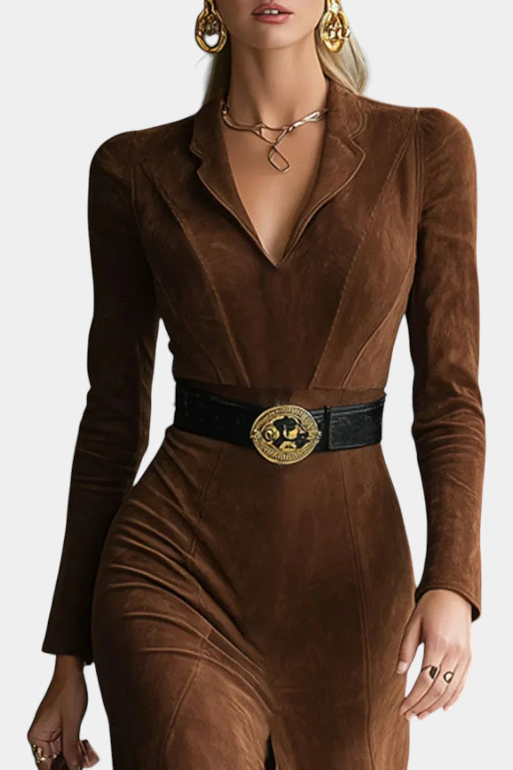 Huguette Midi Split Dress In Synthetic Suede Retro Western Style