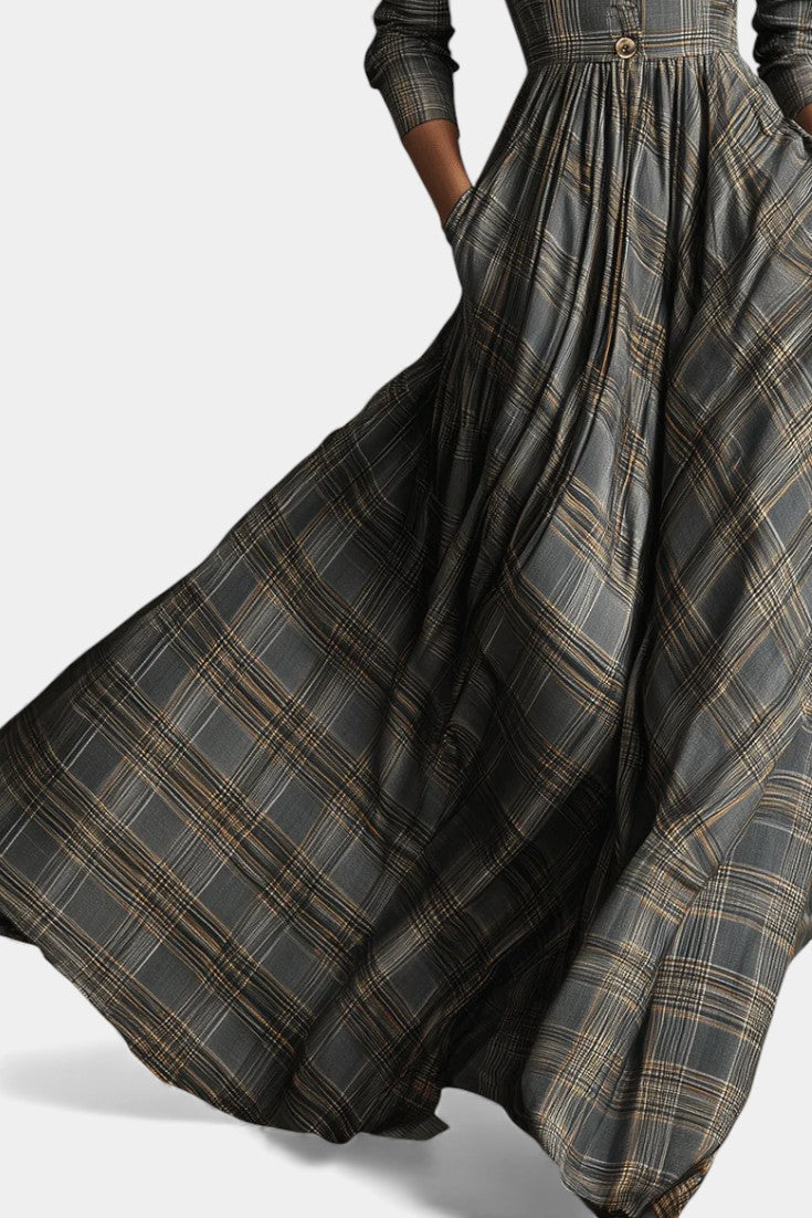 Philae Long Flared Dress With Refined Tartan Pattern