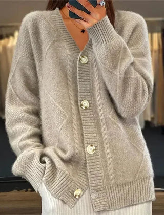 Aaliyah | Button Front V-Neck Cardigan with Diamond Knit Detail, Everyday Layer