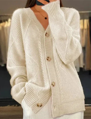 Aaliyah | Button Front V-Neck Cardigan with Diamond Knit Detail, Everyday Layer