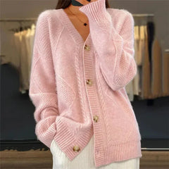 Aaliyah | Button Front V-Neck Cardigan with Diamond Knit Detail, Everyday Layer