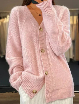 Aaliyah | Button Front V-Neck Cardigan with Diamond Knit Detail, Everyday Layer